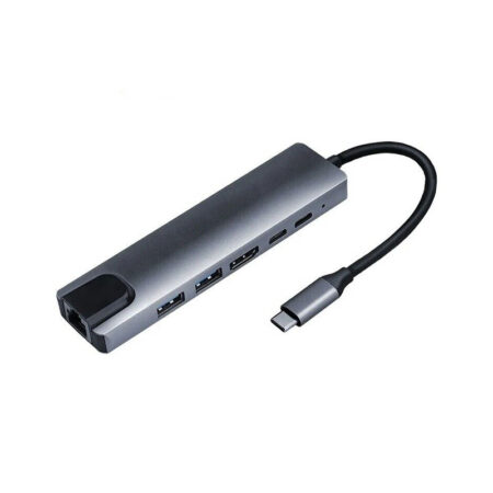 6-in-1 USB-C Hub Adaptor: 100W Type C, HDMI, USB-A 5Gbps + 480Mbps, RJ45 100Mbps