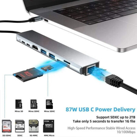 8-in-1 USB-C Hub: 100W Type C, HDMI, USB-A 5Gbps, SD/TF 2.0, RJ45 100Mbps - Image 6