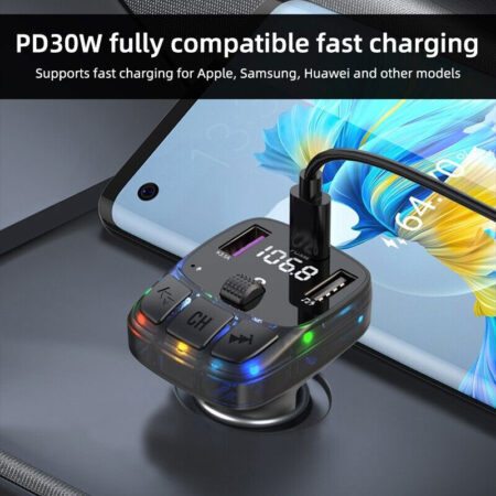 Car FM Transmitter Bluetooth V5.3 - Ambient Light, Dual USB 5V 3.1A/1A, PD 30W - Image 2