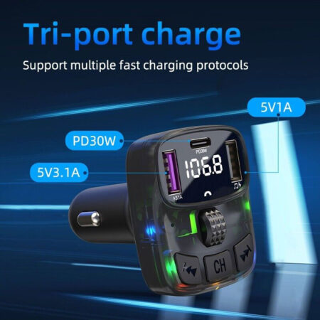 Car FM Transmitter Bluetooth V5.3 - Ambient Light, Dual USB 5V 3.1A/1A, PD 30W - Image 4