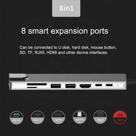 8-in-1 USB-C Hub: 100W Type C, HDMI, USB-A 5Gbps, SD/TF 2.0, RJ45 100Mbps - Image 3