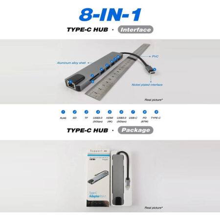 8-in-1 USB-C Hub: 100W Type C, HDMI, USB-A 5Gbps, SD/TF 2.0, RJ45 100Mbps - Image 2