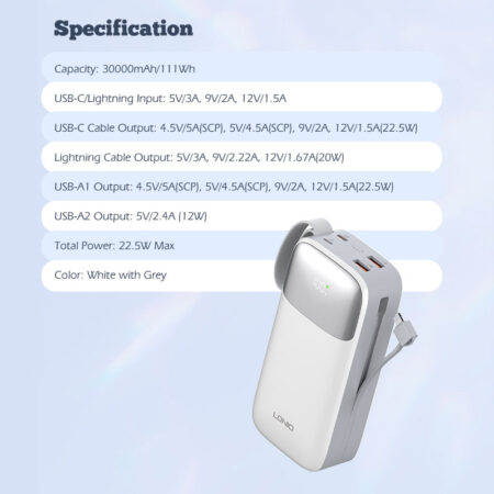 High-Capacity 30000mAh Power Bank -Versatile USB-C, Lightning, and USB-A Outputs - Image 7